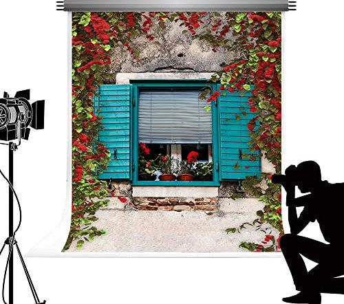 Kate Backdrops Blaue Holzfensterhintergründe Weiße Fensterläden Kulissen Sommer Frühling Rote Blumen Mikrofaser Porträthintergrund für Fotostudio-Requisiten (10x10ft/3x3m)