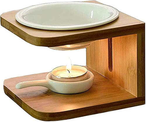 Duftlampe Keramik Bambus,Duftlampen Holz Keramisch Wachsbrenner mit Teelichtlöffel Kerzenhalter Set,Duftöldiffusoren Teelichthalter Aromalampe Luftbefeuchter für Spa Yoga Meditation,Hochzeit