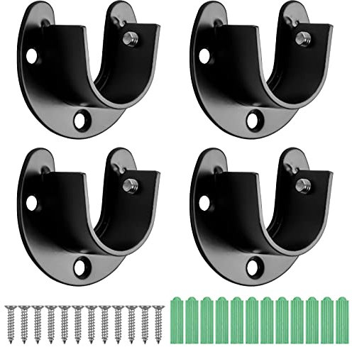 Naapesi 4Pcs Closet Pole Sockets U Shape Closet Rod Bracket Black, 25mm Wardrobe Rail End Supports Curtain Rail Holder Bracket Flange Set for Closet, Shower Curtain (12 Screws & 12 Rubber Plug)