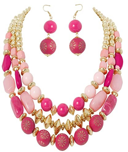 Bocar 3 Layer Chunky Statement Beaded Necklace Fashion Multi Layer Women Collar Necklace(NK-10625) (Bright Rose-Gold)