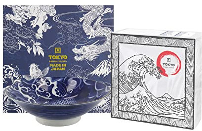 TOKYO design studio Japonism Fish, Schale blau-weiß, Ø 25,2 cm, ca. 1400 ml, asiatisches Porzellan, inkl. Geschenk-Verpackung und exklusiven Servietten