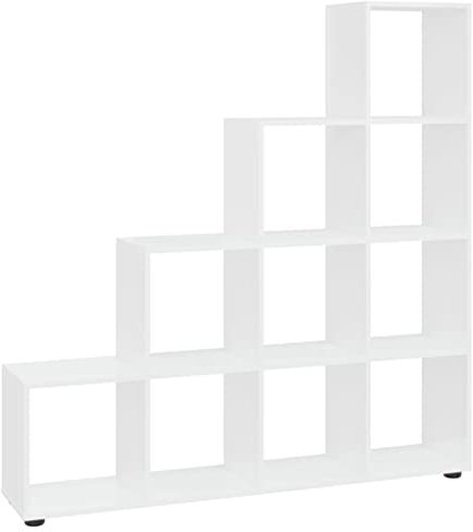 vidaXL Treppenregal, Bücherregal mit 10 Fächern, Raumtrenner Regal für Büro Wohnzimmer, Stufenregal Raumteiler, Modern, Hochglanz-Weiß Holzwerkstoff