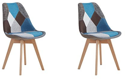 HJhomeheart Lot de 2 Chaises de Salle à Manger en Tissu Patchwork avec Coussin d'assise Amovible et Pieds en Bois Massif pour Salle à Manger, Salon, Cuisine, etc. (Patchwork Bleu)