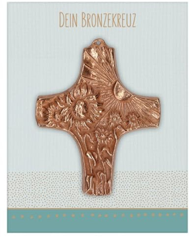 Butzon & Bercker Dein Bronzekreuz - Kommunion-Kreuz aus Bronze zum Aufhängen mit verschiedenen Motiven in Geschenkverpackung, Maße 7,6 x 9,5 cm (Sonnenblumen)