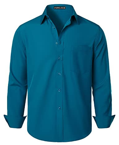 PARKLEES Men's Regular Fit Dress Shirt Solid Wrinkle-Free Long Sleeve Casual Business Button Up Shirts with Pocket PZSSCL05-Teal XXL