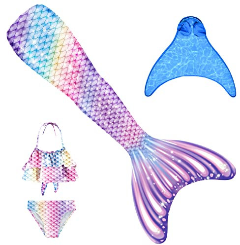 BAWADE Meerjungfrauenflosse Mädchen Meerjungfrau Flosse mit Monoflosse und Bikini Set für Kinder, 4 Stück Set