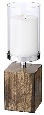 EDZARD Kerzenständer Windlicht Meo (Höhe 31 cm), Edelstahl vernickelt, Sockel Echtholz, für Kerzen bis ø 8 cm