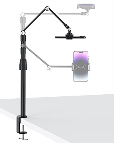 Viozon Tablet Phone Overhead Stand, Height & 360 Degree Angle Adjustable, Aluminum C Clamp Desktop Stand, Compatible with 3.5-13 Cellphone or Tablet Such as iPhone iPad Pro Air Mini,Video Recording