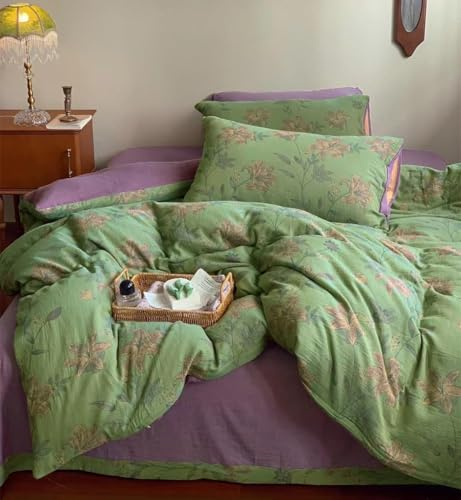 VM VOUGEMARKET Linen Cotton Jacquard Duvet Cover Queen,3 Pcs Yarn-Dyed Textured Duvet Cover Set Green Purple Floral Bedding Breathable, Natural Wrinkled Look-No Comforter