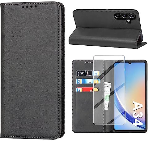 2023 Neu Handyhülle für Samsung Galaxy A34 5G Hülle mit Displayschutzfolie, Schutzhülle Galaxy A34 PU Leder Wallet Kartenfach Standfunktion Klapphülle Lederhüllen für Samsung A34 Case Cover (Schwarz)
