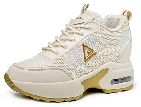 AONEGOLD Scarpe con Zeppa Interna Donna Scarpe da Ginnastica Basse Sportive Fitness Sneakers Zeppa Interna 8CM(Beige-Oro,41EU)