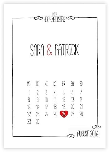 Personalisiertes Bild „Hochzeitstag“ Kalender mit Datum, als Hochzeitsgeschenk, zum Jahrestag mit euren Namen und Datum, Gastgeschenk für die Trauung, für das frisch vermählte Paar (Variante 3)