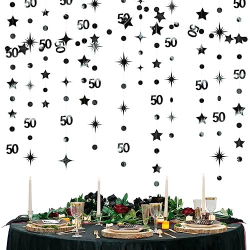 Schwarze Dekorationen zum 50. Geburtstag Zahl 50 Kreis Punkte glitzernde Sterne Girlande Metallisch zum Aufhängen Luftschlange Wimpelkette Hintergrund für den 50. Geburtstag Jahrestag Partyzubehör