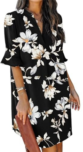 JOCAFIYE fließende Kleider für Frauen Ladies Ruffle Sleeves Split V-Neck Straight Fit Slim Dress Freizeitkleider für Frauen Black Flower XL