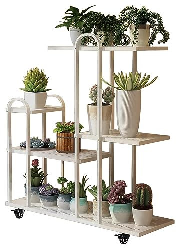 LIGUOYI Blumenständer Metall Pflanzenständer 5 Ablagefächer Mit Rollen, Indoor Blumenregal Belastbarkeit 150kg, Balkon Blumenregal, Pflanzenregal Für Drinnen Und Draußen, Blumentreppe Aus Eisen