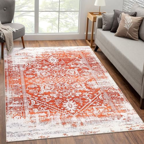 LuxFocus Teppich für den Innenbereich, Weicher Niedriger Flor Großer Teppich mit Traditionellem Farbverlaufsdruck für Schlafzimmer Esszimmer Heimbüro Waschbar, Orange 160 x 230 cm