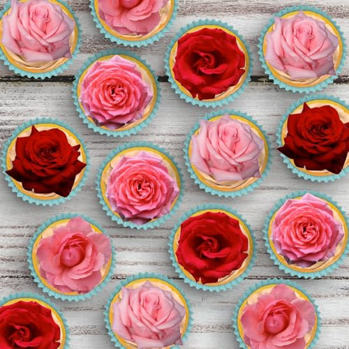 24 x Precut Pink Red Roses 2D Floral Flower Edible Wafer Paper Cupcake Topper Decoration For Cakes