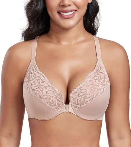 DotVol Damen Große Größen BH Vorderverschluss Floraler Spitze Unterwäsche Ungepolster Alltag T-Rücken Bra(Beige, 90E)