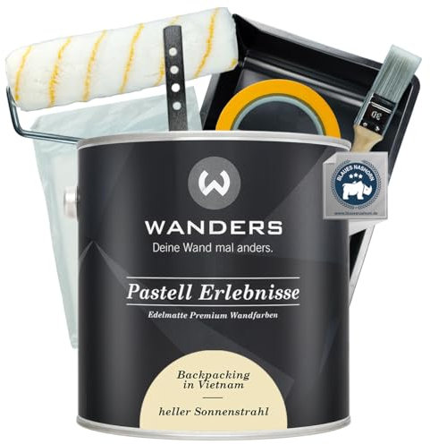 Wanders Pastell Erlebnisse Wandfarbe 2,5L (heller Sonnenstrahl, Sand) inkl. Streichset Basic – Premium Kreidefarbe, Leichte Anwendung, Hochdeckend, Ultramatt, Perfekt für Heim-DIY