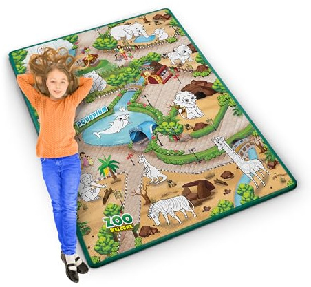 Ricokids - Spielmatte zum Bemalen - Set mit Buntstiften - für Babys und Kinder, Mädchen, Jungs - mit Zootiere-Motiven - 120 x 92 cm - Faltbar - Groß, XXL - Krabbelmatte, Boden - Rutschfest, Bunt