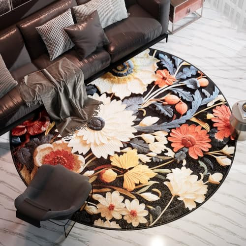Sedefen Kurzflor Teppich Rund 160 cm - Bunt Blumen Muster Terrassen Dekorative Wohnzimmer Schlafzimmer Vintage Läufer Indische Boho, Anti-Rutsch Unterseite, Felloptik
