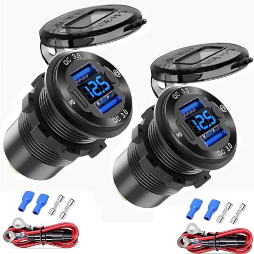 12V USB Steckdose Draht Aluminium Auto Ladegerät Multi Port, Dual USB QC 3.0 Port und PD USB-C Buchse mit Voltmeter Schalter für Auto Boot Marine LKW, schnelles Aufladen für lPhone lPad Android Handy