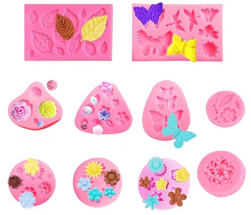 ROSYLEVE Stampo in Silicone per Rose e Fiori - 10 Pezzi per Pasta di Zucchero, Torte, Sapone, Gelatina - Tortiera