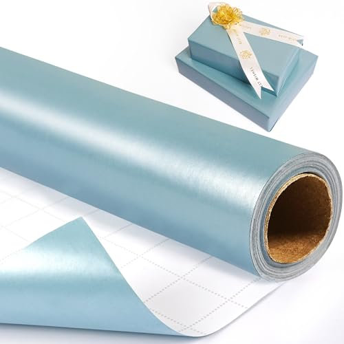 RUIFUN Rouleau de papier cadeau bleu ciel, bleu clair mat, rouleau de papier cadeau métallique de couleur unie, bleu layette, pour anniversaire, fête prénatale, mariage, Noël, 43 cm x 10 m