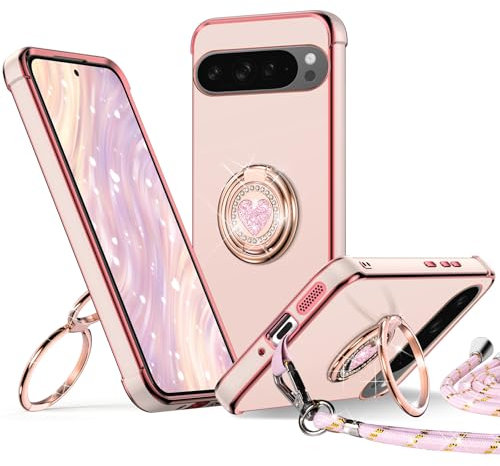 XYZ Cover per Google Pixel 9 Pro con Supporto, Custodia con Doppio Anello a Forma di Cuore con Cordino per Ragazze e Donne, Cover Protettiva di Lusso per Pixel 9 Pro, Rosa