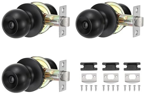PATIKIL Privacy Keyless Door Knobs Interior, 3 Pack Round Stainless Steel Bedroom Bathroom Door Knob with Lock Entry Indoor Outdoor Door, Black