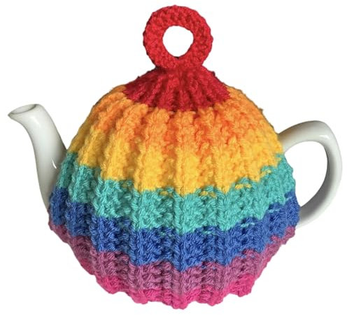 Knitted Rainbow Tea Cosy for a standard sized 4 to 6 cup teapot