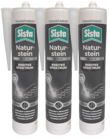 Naturstein Silikon Transparent- Dichtstoff für Marmor Sandstein Basalt - Neutralvernetztendes SIlikon - Schimmelresistent - Dauerelastisch (3 x 280ml)