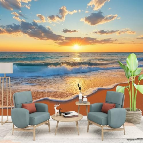 Papier Peint Panoramique Beau coucher de soleil sur la plage, 250 x 175 cm Papier Peint Intissé Personnalisé Photo Murale pour Salon Chambre d'enfants restaurant Appartement Décoration Murale
