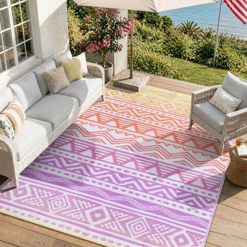 Lahome Outdoor-Teppich, wasserdicht, 15,2 x 22,9 cm, wendbar, Kunststoff, Strohteppich für Camping, Wohnmobil, Terrasse, großer Teppich für Veranda, Deck, Hinterhof, Balkon, Picknick (Orange/Lila, 1,8