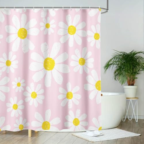 AIBIIN Rideau de douche motif marguerite rose mignon blanc rideau de bain décoration de salle de bain durable en polyester imperméable avec 12 crochets 180 x 180 cm