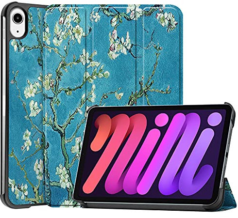 Hoozey - Hülle kompatibel mit Apple iPad mini 7 (2024) / Mini 6 (2021) - 8.3 Zoll - Mit Auto/Wake-Funktion - Kunstleder TPU Tablet Case Schutzhülle - Weiße Blüte