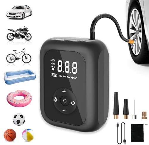Joomouney Tyre Inflator Air Compressor, Cordless Car Tyre Pump, Electric Bike Pump, Portable Air Compressor with LCD Display, 2x2000mAh & 150PSI, Tyre Inflator for Car & Bike & Motorcycle & Ball