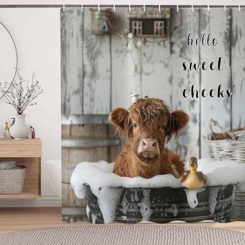 ASDCXZ Lustig Kuh Duschvorhang 180x200 cm, Rustikal Niedlich Hochlandkuh Ente Bad Vintage Bauernhaus Wildtier Wasserdicht Badvorhang Polyester Textil Waschbar Duschvorhänge für Badewanne mit 12 Haken
