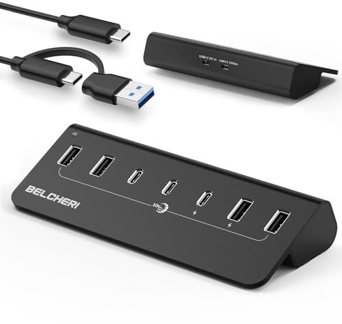 BELCHERI Concentrador USB 7 Puertos con Fuente de Alimentación, USB 3.2 Gen 2 Hub de Datos Rápidos 10GBit/s, extensión de aluminio completo con fuente de alimentación 5V 3A, compatible con carga BC1.2