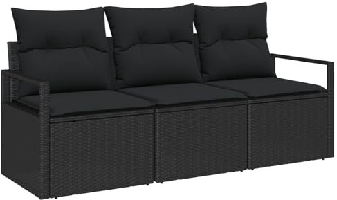 vidaXL 3-teiliges Garten-Sofa-Set mit Kissen in Schwarz aus Poly-Rattan, wetterfest, perfekt für draußen, höhenverstellbare Füße, modulares Design, Lounge-Set, Sitzgelegenheit für die Terrasse