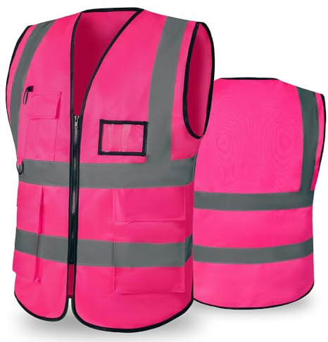 Reflektierende Arbeits Warnweste Sicherheitsweste mit 5 Taschen, Pink, 46 | ReißVerschlusstaschen Reflektierende Arbeitsweste, Atmungsaktiv FüR Baustelle, Fahrrad & Nachtarbeit Hohe Sichtbarkeit
