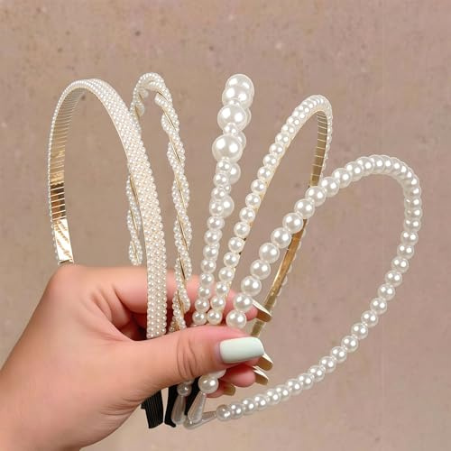 VelvetGlow 5 Stück Perlen-Stirnbänder für Frauen, rutschfeste weiße Perlen-Haarbänder, modisches Braut-Stirnband für Hochzeitsfeiern, Perlen-Haaraccessoires für Mädchen