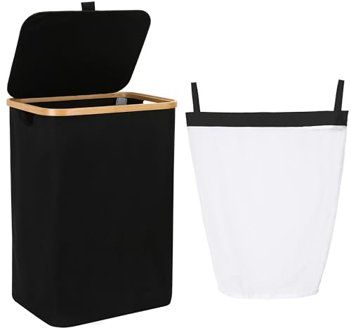Sea Team Black 66L Foldable Laundry Bin Bamboo Handles Removable Liner Lid