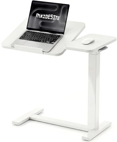 MAIDeSITe Fit Dual Overbed Table with Wheels, C-Shape Bedside Table | 70x40cm Height Adjustable Desk, Small Standing Rolling Laptop Desk, Split Top, Hidden-track Casters for Bedroom Living Room
