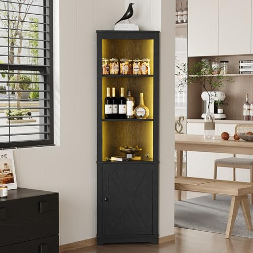 Warmiehomy 5-Tier Corner Wine Cabinet with LED Lights, Black Triangular Wooden Drinks Cabinet with Bluetooth Remote Control, Freestanding Display Unit for Living Room, Home Bar,Living Room & Bar