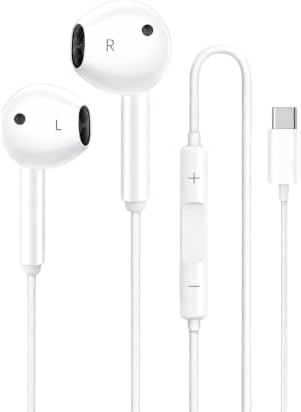 Kopfhörer USB-C In Ear mit Kabel & Ohne Gummiaufsatz – Typ-C Kopfhörer mit Mikrofon & Lautstärke – Stereo Headset für iPhone, Samsung Galaxy, Android – Kabelgebunden