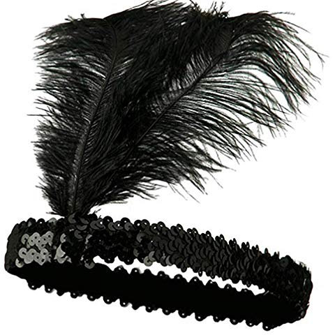 Bandeau en plumes Charleston de qualité supérieure 1920 's Great Gatsby Flapper Headpiece Fancy Dress Headwear Noir Li-ly