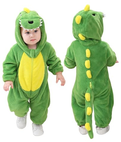 Doladola Baby Strampler mit Kapuze Unisex baby onesie Cartoon Tier Overall Schlafanzüge (12-18 Monate, Grüner Dinosaurier)
