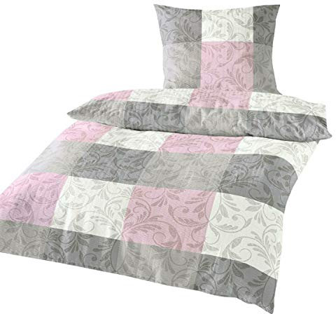 Traumschlaf Seersucker Sommer Bettwäsche aus 100 % Baumwolle in Rose • Geblümtes Design in Rosa & Grau • Bügelfrei, Atmungsaktiv & Pflegeleicht • 155x220 cm + 80x80 cm