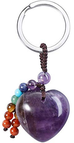 Jovivi Portachiavi Cuore in Pietra Naturale con 7 Chakra Gemme, Portachiavi Ciondolo di Cristallo Energia per Reiki Chakra Guarigione, Porta Chiavi Portafortuna Pietra Preziosa per Lei Mamma-Ametista